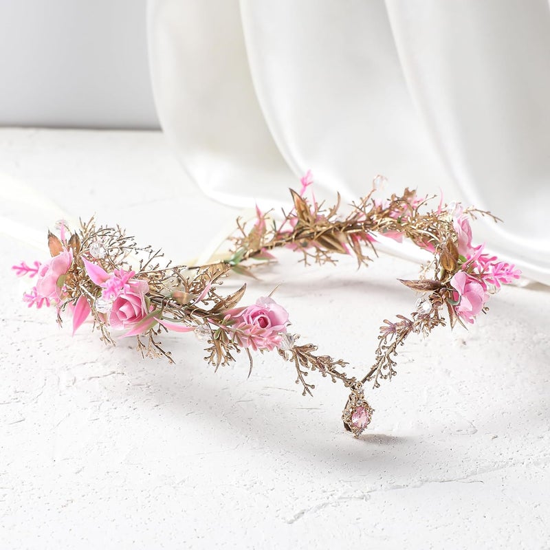 MOSTORY Pink Flower Fairy Crown - Elf Floral Headpiece Woodland Circlet for Fairycore Aesthetic Women, Elven Forest Headband for Renaissance Renfaire Cosplay Photo Shoot - Image 4